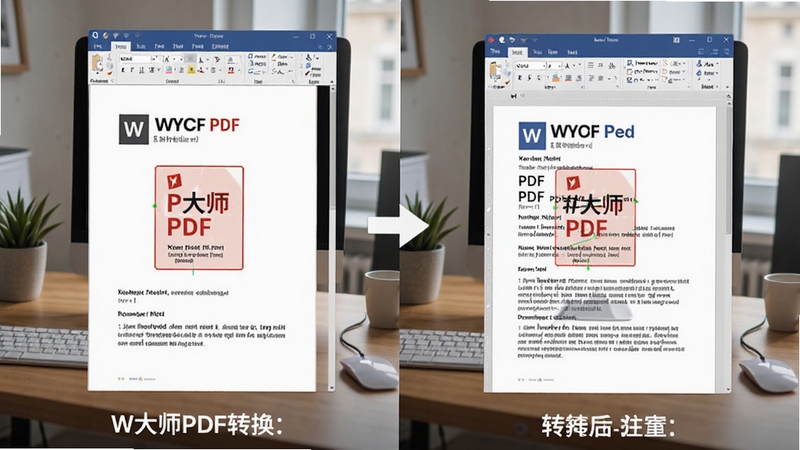 展示W大师PDF转换器将PDF文件转换为Word文档的过程对比图,左侧是原始PDF文件,右侧是转换后的Word文档,两者排版完全一致,背景为工作桌面环境,体现软件的高效与精准