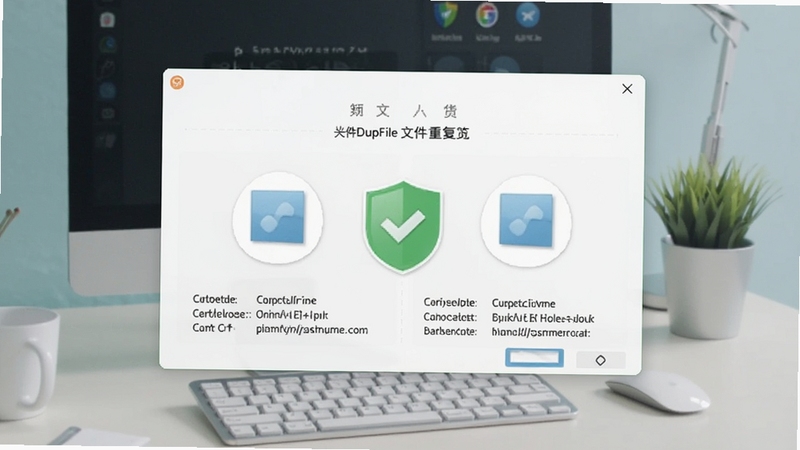 FindDupFile文件预览与删除确认窗口,显示两个重复文件并排对比,包含文件大小与路径信息,界面有绿色安全盾牌图标,背景为简洁的桌面环境,色调清新柔和,突出安全可靠的特点。
