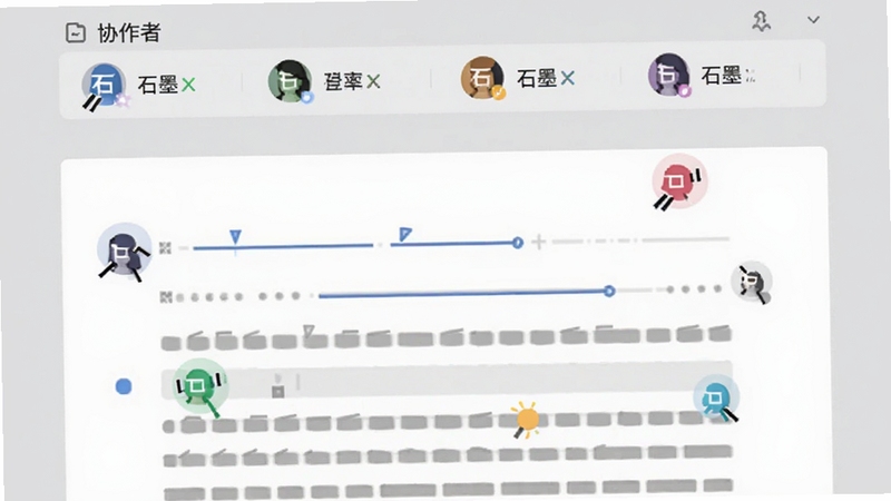石墨文档多人协作功能示意图,画面上多个不同颜色的光标头像同时在一份文档中移动编辑,顶部显示协作者列表,背景为浅灰色商务风格,强调实时同步的特点