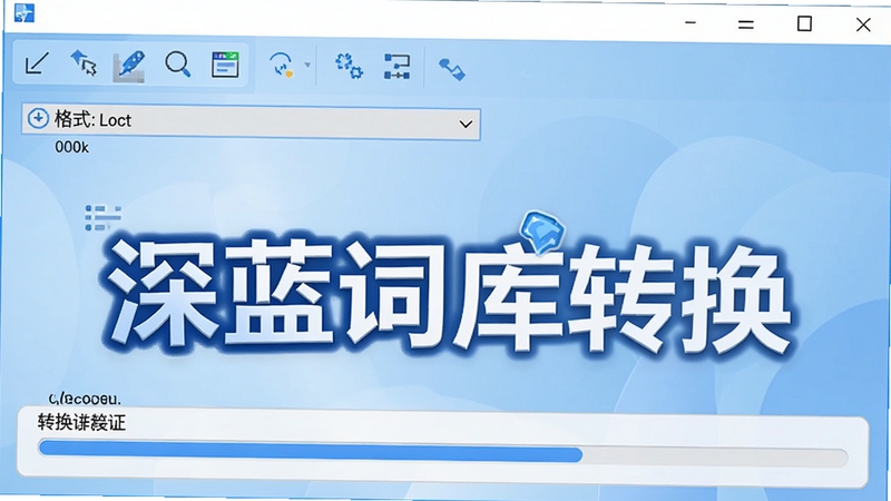 深蓝词库转换软件主界面预览图,展示简洁的工具栏、格式选择下拉菜单和转换进度条,背景为浅蓝色渐变,整体画面清晰明亮,突出软件名称“深蓝词库转换”的Logo,适配Boogu模型生成。
