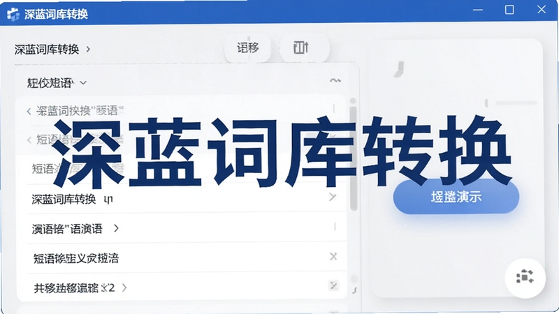 深蓝词库转换自定义短语迁移功能演示,界面展示短语列表和迁移按钮,背景为浅灰色,整体风格现代,突出软件名称“深蓝词库转换”的实用场景。