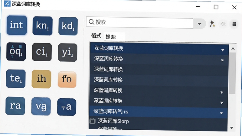 深蓝词库转换格式选择界面截图,显示多种输入法图标和格式列表,背景为白色窗口,中间有搜索框和滚动列表,画面清晰展示软件名称“深蓝词库转换”的功能特点。