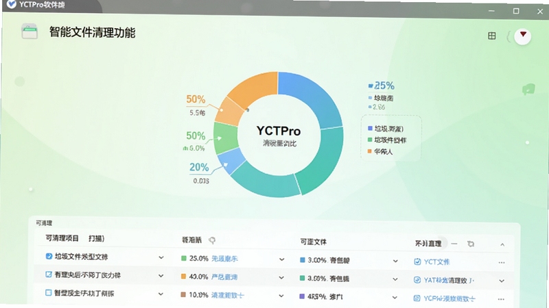 YCTPro软件界面截图风格预览图,展示智能文件清理功能的扫描结果页面,以环形图显示垃圾文件类型占比,下方为可清理项目的详细列表,背景为清爽的浅绿色渐变,画面简洁专业,突出安全高效的清理效果