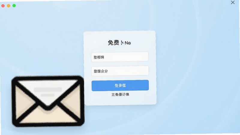 邮箱免费注册登陆软件主界面预览图,画面中央为简洁的登录表单,背景为淡蓝色渐变,前景有信封图标和登录按钮,整体风格清爽,符合工具类应用视觉,适配Boogu模型生成