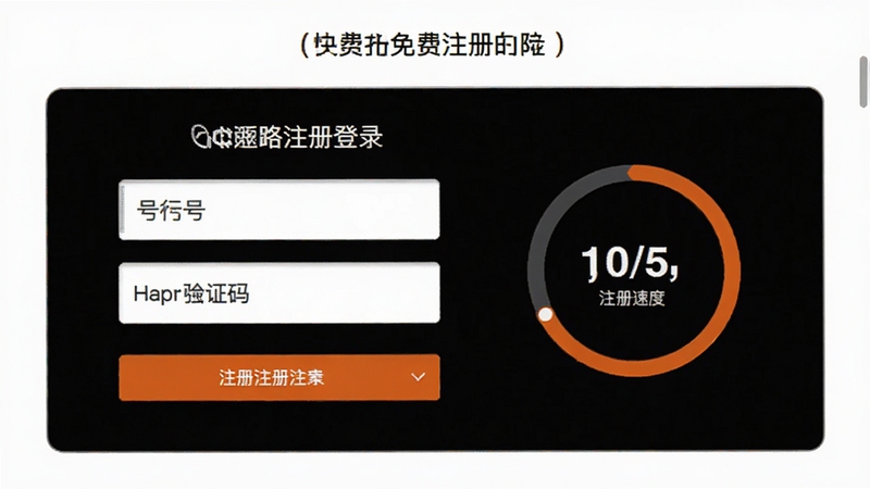 邮箱免费注册登陆的极速注册界面截图,屏幕上有手机号输入框和验证码提示,旁边有一个进度圈显示注册速度,背景为简洁的白色与橙色搭配,突出快速注册的功能特点
