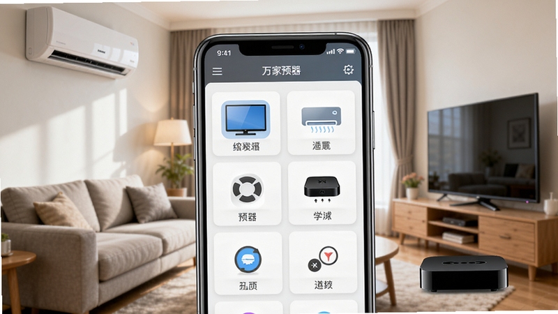 万家遥控器主界面预览图,画面中央一部智能手机屏幕显示丰富的家电控制面板,包含电视、空调、机顶盒等图标,手机周围环绕着客厅中常见的家电设备如壁挂式空调、液晶电视和智能机顶盒,背景为温馨的现代家居客厅,浅色沙发与木质茶几,光线明亮柔和,整体风格写实清晰,突出软件与家居环境的融合