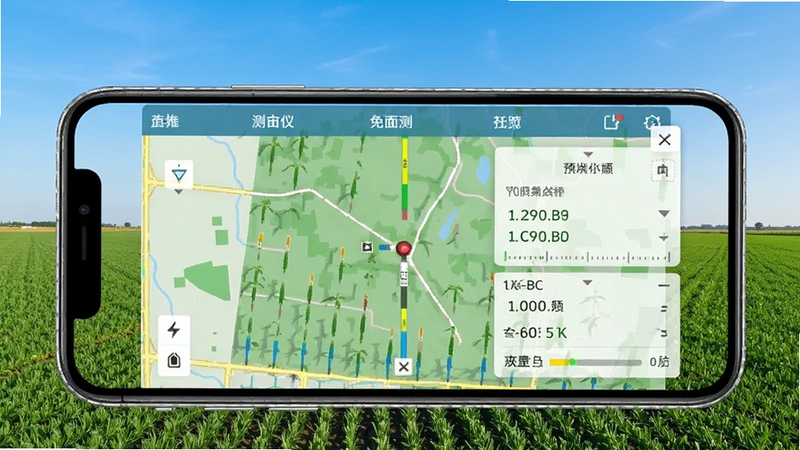 测亩仪免费测主界面预览图,展示软件在智能手机上的运行效果,背景为广阔的农田与蓝天,界面清晰显示地图与测量数据浮窗,整体风格写实且明亮,突出专业测量工具属性。
