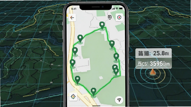 测亩仪免费测卫星定位测量功能示意图,画面中央为手机地图界面,显示一个不规则地块的绿色边界线,边界上有多个定位点,旁边有面积数据标签,背景为抽象的地理信息网格。