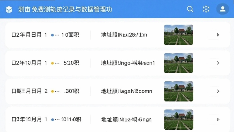 测亩仪免费测轨迹记录与数据管理功能界面,展示一个列表页面,包含多条测量记录,每条记录有日期、面积、地址缩略图,界面风格清爽,突出数据管理的便捷性。