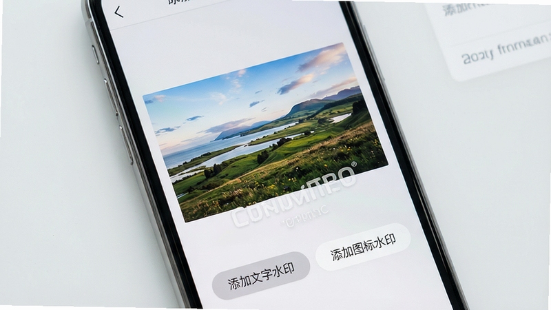 一张智能手机屏幕展示照片图片加水印软件主界面的高清图片,界面简洁明亮,中央显示一张待处理的风景照片,下方有“添加文字水印”和“添加图标水印”两个按钮,背景为清爽的浅灰色,图片风格写实,细节清晰,突出软件易用性