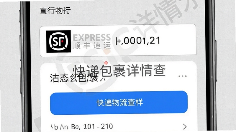 快递包裹详情查界面截图,显示输入框自动识别出顺丰速运的标志和单号,下方弹出物流信息卡片,背景为浅灰色质感,突出蓝色识别按钮和文字提示,整体风格清爽商务,中间位置放置软件名称快递包裹详情查水印,构图平衡