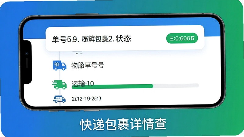 快递包裹详情查物流详情页展示,手机屏幕内显示时间线样式的物流节点列表,配有小图标,最上方是快递单号和状态标签,背景为白色卡片风格,下方有一条绿色进度条表示运输进度,整体色调以蓝色和绿色为主,画面底部有软件名称快递包裹详情查字样,适合作为功能预览图