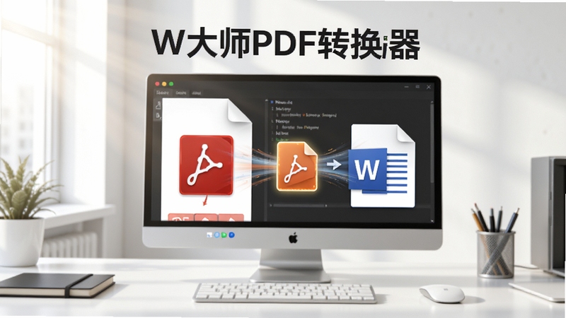 W大师PDF转换器格式转换功能示意图,画面中央显示PDF文档正在转换为Word文档的过程,带有文件格式图标流转特效,背景为干净的工作桌面,明亮光线,专业软件宣传风格