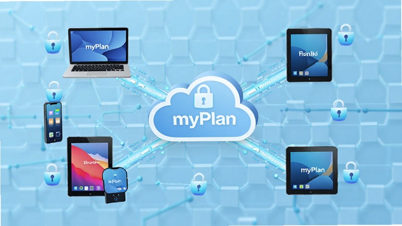 myPlan多设备同步示意图,画面中央为一个大云朵图标,向四周发散光线连接笔记本电脑、手机、平板等设备,背景为浅蓝色科技感网格,强调无缝同步与数据安全的特性
