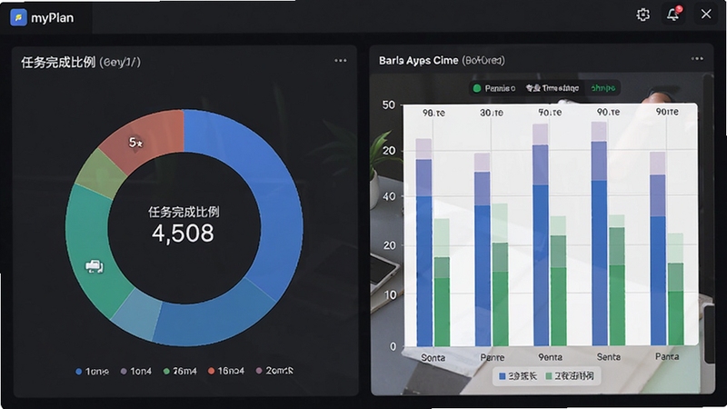 myPlan软件的统计报表界面,页面包含环形图展示任务完成比例、柱状图对比每日专注时长,背景为深色主题界面,数据可视化元素丰富,突出专业的时间管理分析能力