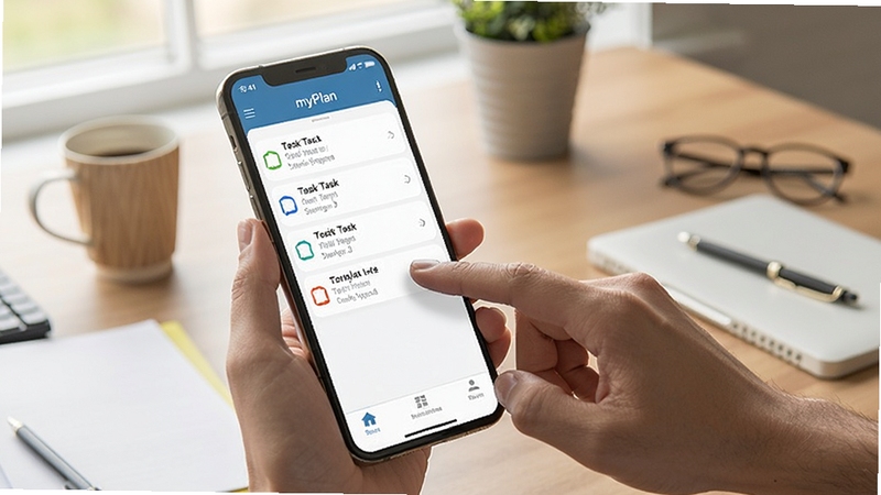 myPlan移动端操作界面截图,手机屏幕显示任务列表与底部导航栏,背景为日常办公桌场景,一只手正在点击屏幕上的某个任务,强调移动端使用的便捷性