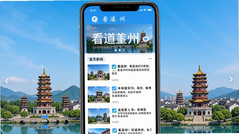 看道州应用主界面预览图,展示首页新闻列表与顶部轮播图,背景为道县城市地标,采用高清手机截屏风格,整体色调明亮,突出软件名称看道州,文字清晰可读。