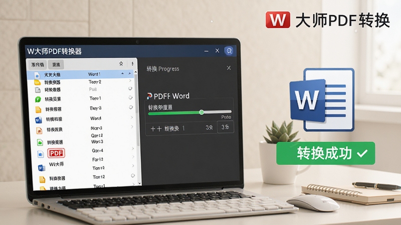 展示W大师PDF转换器进行PDF转Word操作的场景,界面显示文件列表与转换进度条,旁边有Word文档图标及“转换成功”提示,背景为干净的办公桌面,色调柔和,带有W大师PDF转换器名称标识