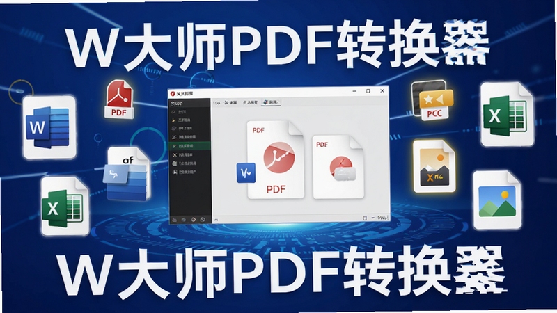 一幅展示W大师PDF转换器核心功能的宽幅宣传图,画面中央是软件主界面缩略图,四周环绕着PDF、Word、Excel、图片等文件图标,背景为渐变蓝色科技感风格,整体清晰明亮,强调转换便捷与高效,画面包含W大师PDF转换器字样