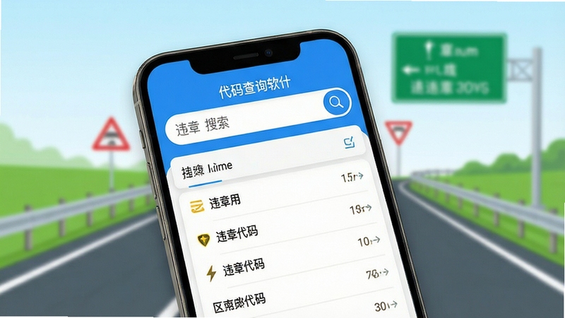 交规违章代码查询软件主界面展示图,手机屏幕显示违章代码搜索框与结果列表,背景为简洁的公路与交通标志,画面清晰,色彩明亮,突出软件实用性
