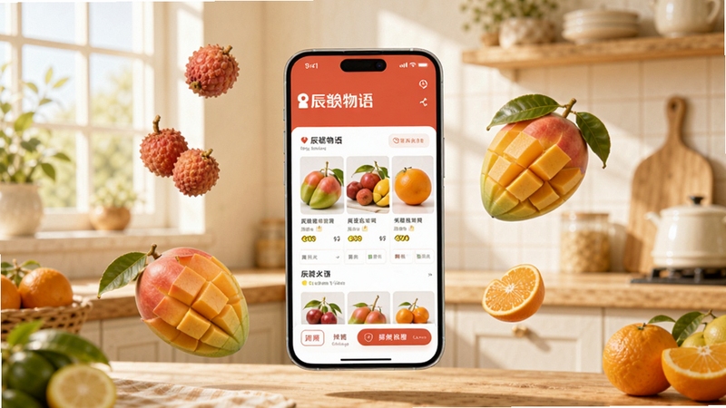 辰颐物语购物平台整体界面预览图,画面中心是一部正在展示新鲜水果详情页的手机,手机周围漂浮着色泽鲜艳的荔枝、芒果、橙子等水果,背景是明亮温馨的田园风格厨房一角,光线柔和,色彩饱满,突出新鲜、健康、便捷的移动购物场景