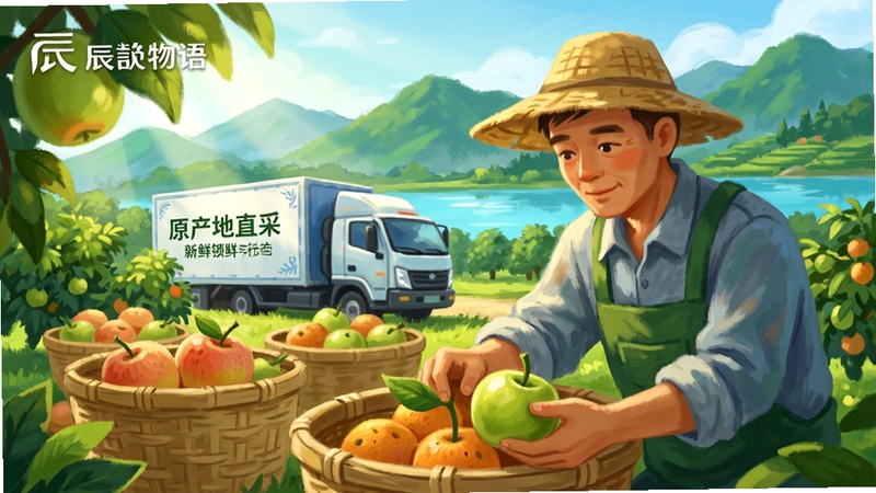 辰颐物语源头直采场景插画,前景是果农在阳光明媚的果园里小心翼翼地采摘新鲜水果,中景是装满水果的竹筐和冷链运输车,远景是青山绿水,画面色调清新自然,强调原产地直供和新鲜锁鲜的核心优势
