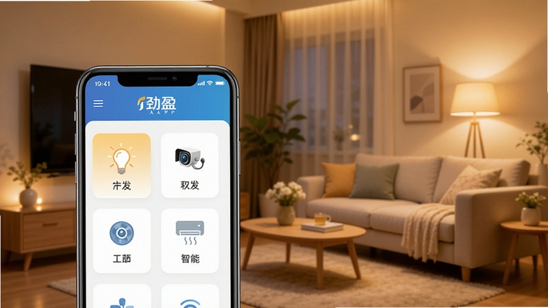 ����һ�Ź��������豸�����ĳ���ͼ��ǰ��Ϊ�ֻ���Ļ��ʾ��ӯAPP���豸������壬�������еƹ⡢����ͷ���յ���ͼ�꣬������һ����ܰ���ʵ��ִ�����������ůɫ���ƹ⣬��������������ǿ�����������ܻ������ܣ�ͼƬ������Ȼ���뾢ӯ�������Ƶ�UI����Ԫ��
