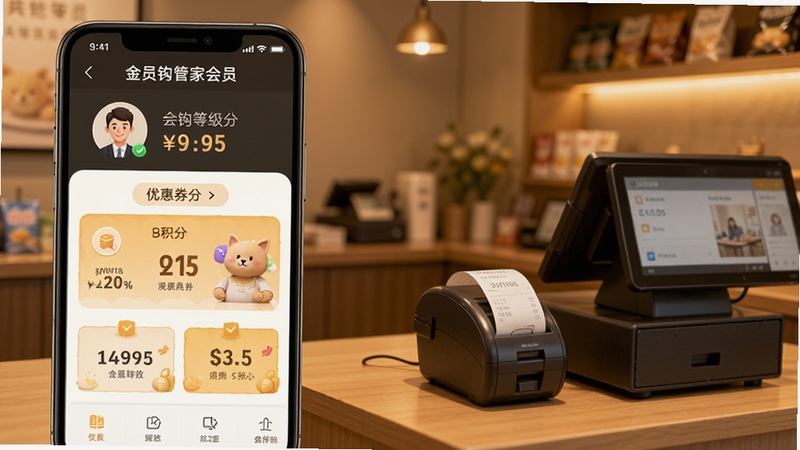 金钩管家会员营销功能预览,手机屏幕展示会员等级划分与优惠券发放界面,背景为店铺实景,收银台摆放小票打印机,画面突出用户头像与积分数字,色调温馨,强调客户关怀氛围
