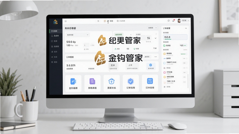金钩管家软件主界面预览图,展示商户后台数据看板与订单管理列表,整体风格现代简约,背景为浅灰色工作台场景,屏幕中心突出品牌Logo与核心功能图标排列,画面干净明亮,适配Boogu模型生成