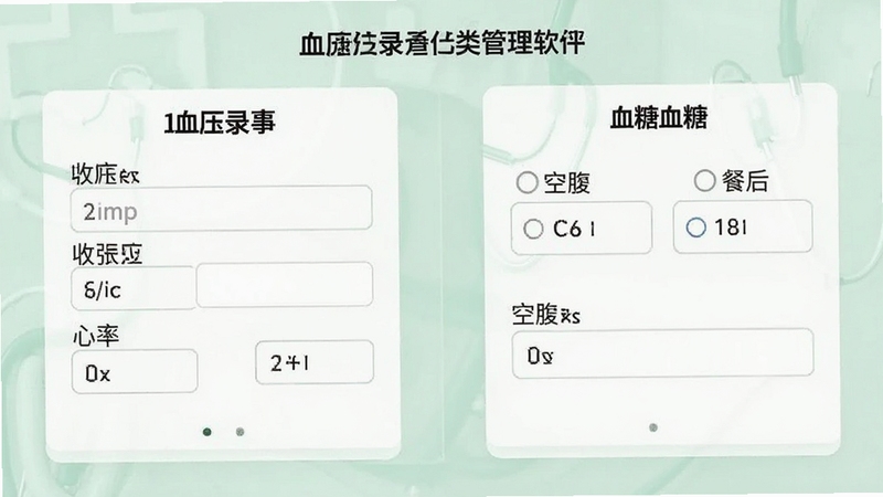 血压血糖记录软件数据分类管理界面,左侧为血压记录表单,包含收缩压舒张压心率输入框,右侧为血糖记录表单,包含空腹与餐后选项,背景为淡绿色医疗风格,画面布局对称清晰,整洁明亮