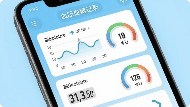 血压血糖记录软件主界面展示,手机屏幕中显示血压和血糖的数值记录列表,界面风格简洁清爽,背景为浅蓝色医疗风格,主体居中,包含波形图与数字仪表盘元素,整体画面明亮清晰,适配Boogu模型生成