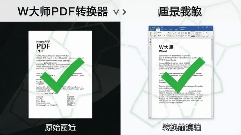 一张W大师PDF转换器功能展示图,图片以对比方式呈现:左侧为原始PDF文件,右侧为转换后的Word文档,两者排版一致,文字清晰,背景配有转换成功的绿色对勾图标,画面风格专业清晰。