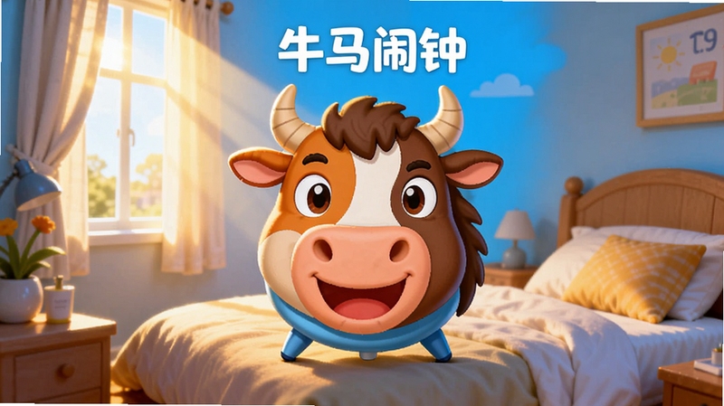 牛马闹钟应用主界面预览图,画面中央是一个卡通牛头马面形象的闹钟,背景是清晨卧室场景,阳光透过窗帘洒入,界面风格活泼明亮,展示出趣味闹钟的核心功能与欢快氛围,整体构图清晰,色彩饱和,突出软件名称牛马闹钟与手机界面细节
