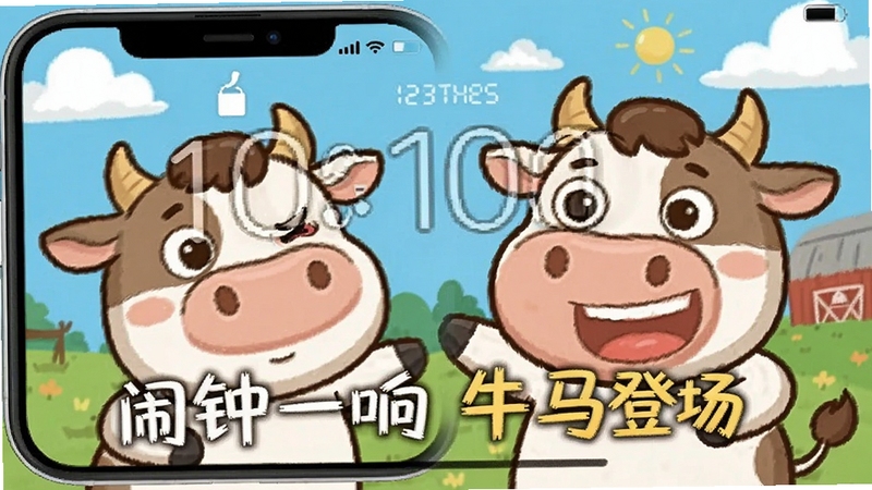 牛马闹钟手机壁纸效果图,锁屏界面显示闹钟时间与“闹钟一响牛马登场”的创意文字,背景是可爱的牛马卡通插画,画风幽默,色彩明亮,整体氛围轻松有趣