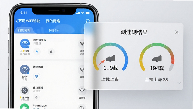 高清手机截图风格展示图,画面左侧是万用WiFi钥匙的“我的网络”管理界面,右侧悬浮显示一个半透明的测速结果卡片,卡片上有下载和上传速度的圆形仪表盘,背景为浅灰色渐变,整体风格写实,突出软件的功能性和专业感。