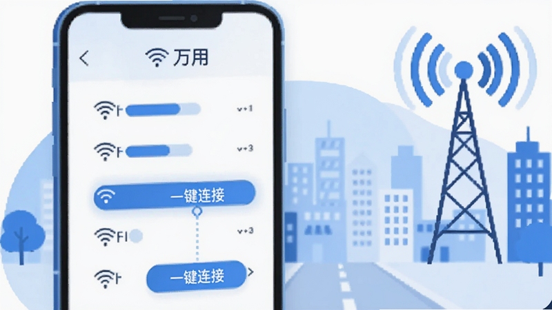 插画风格示意图,前景是一个放大的智能手机屏幕,上面显示万用WiFi钥匙的扫描界面,界面上列出多个WiFi信号条,其中一个被高亮并标注“一键连接”按钮,背景是简化的城市街景和无线信号发射塔,整体风格扁平清新,使用蓝白主色调,突出软件操作的便捷性。