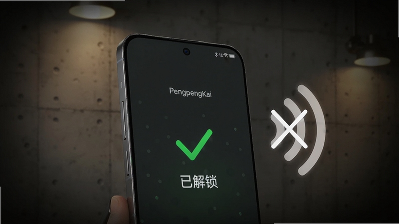 特写一部运行PengpengKai的智能手机,屏幕显示绿色对勾与“已解锁”字样,手机右侧悬浮着模拟的无线信号波纹被划掉图标,背景为混凝土墙壁与昏暗灯光,表现无网络环境下的稳定运行,画面中心为手机,四周留出暗角以突出主题
