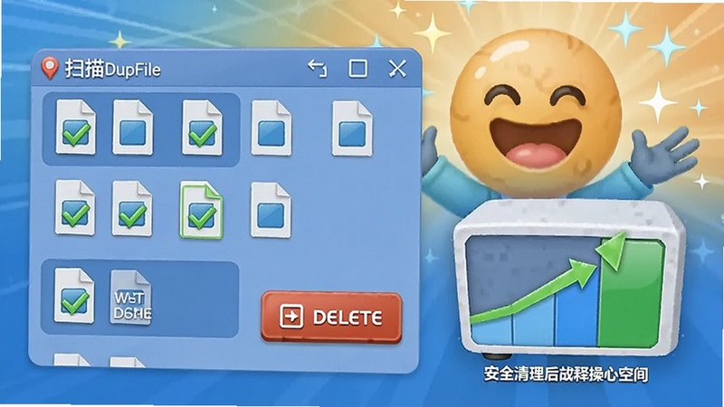 FindDupFile ɨ����ɺ����������ʾ��ͼ����������ʾ�����ظ��ļ�����ѡ�����ɾ����ť�󣬴��̿ռ�ͼ���������ӣ�����Ϊ���ĵ�������飬���ﰲȫ�����ͷſռ����������
