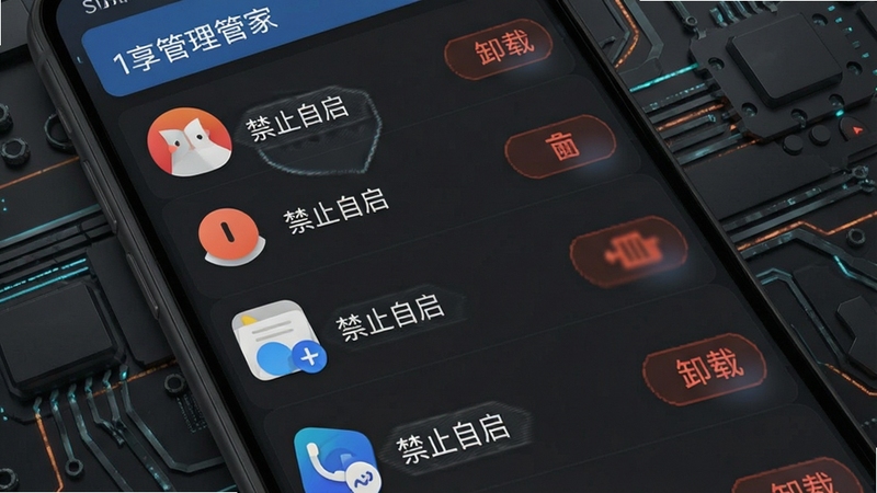 智享手机管家应用管理功能展示,手机界面显示应用列表,每个应用图标旁有“禁止自启”和“卸载”按钮,背景为深灰色科技纹理,突出管理功能的专业性与控制力,画面简洁有力
