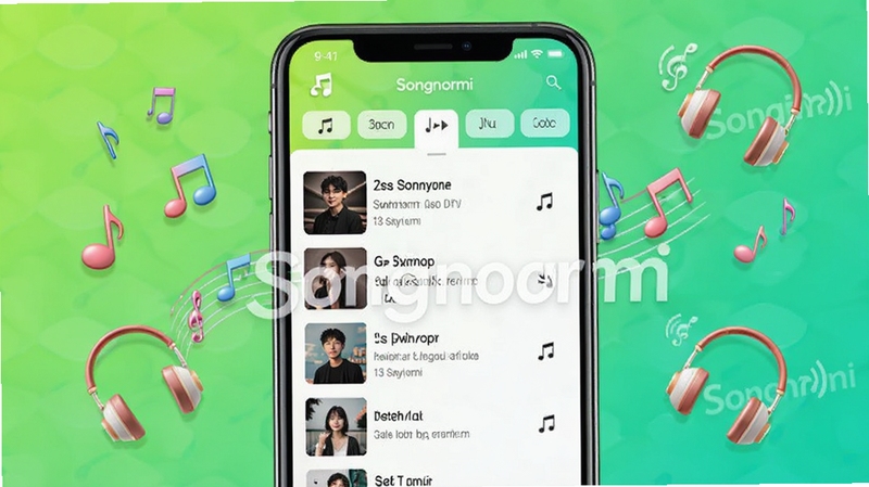 展示Songnormi软件内海量曲库列表界面的场景,手机屏幕画面中清晰显示多个音乐分类标签与歌曲条目,周围环绕着跳动的音符和耳机图标,背景采用明亮清新的渐变绿色调,突出音乐资源丰富多元的感觉,画面中带有Songnormi品牌标识水印,构图饱满色彩轻快