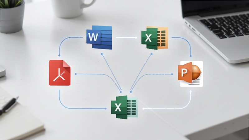Smallpdf转换器多格式转换功能示意图,画面中央显示PDF与Word、Excel、PPT等图标通过线条连接,背景为浅灰色工作台,体现一站式转换能力