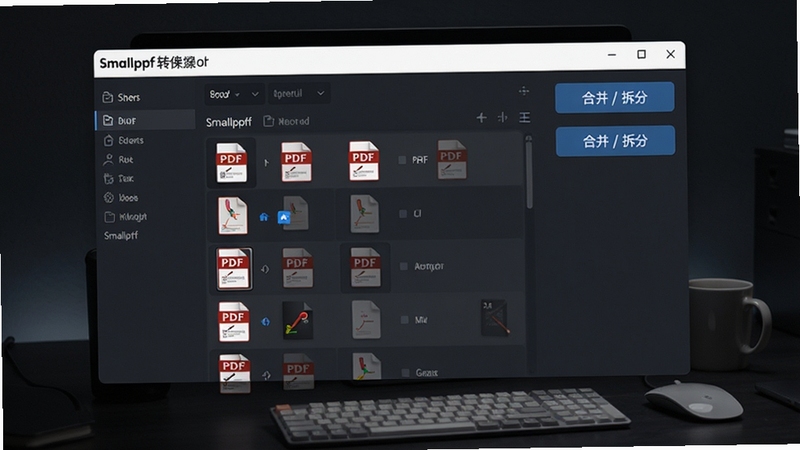 Smallpdf转换器批量处理操作界面,展示多份PDF文件列表及合并/拆分按钮,背景为深色桌面,突出高效管理文件的功能特性