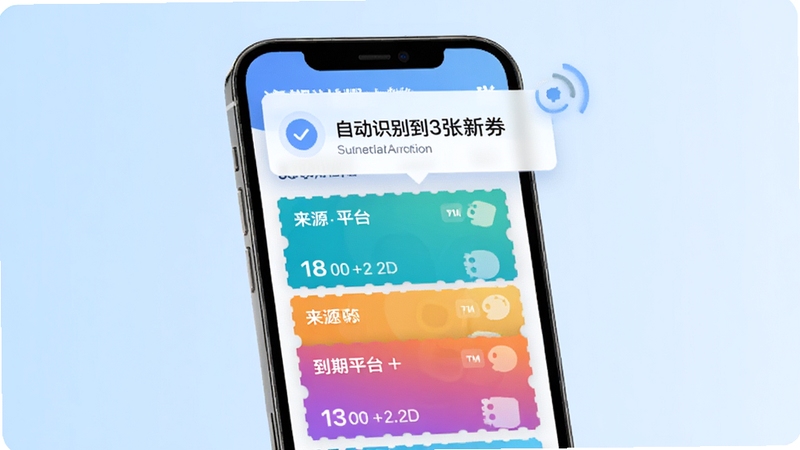 过期啦软件智能导入卡券功能示意图,画面展示手机屏幕上弹出“自动识别到3张新券”的悬浮提示,下方列出不同颜色的卡券卡片,每张卡片标注有来源平台和到期日期,背景为浅蓝色渐变,突出智能高效的感觉。