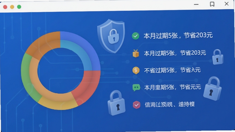 过期啦软件数据统计与隐私安全界面预览,画面左侧是彩色环形统计图,右侧列举“本月过期5张,节省203元”等字样,背景有盾牌图标和锁形装饰,整体色调偏蓝,给人可靠与安全的感觉。