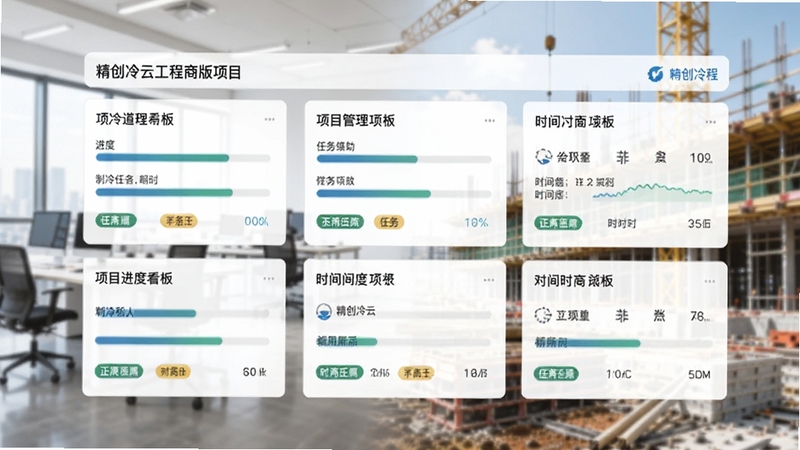 精创冷云工程商版项目进度看板界面,画面呈现多个制冷工程项目的卡片式管理视图,包含进度条、任务标签与时间节点,背景为办公室与工地结合的模糊场景,整体明亮简洁,商务风格