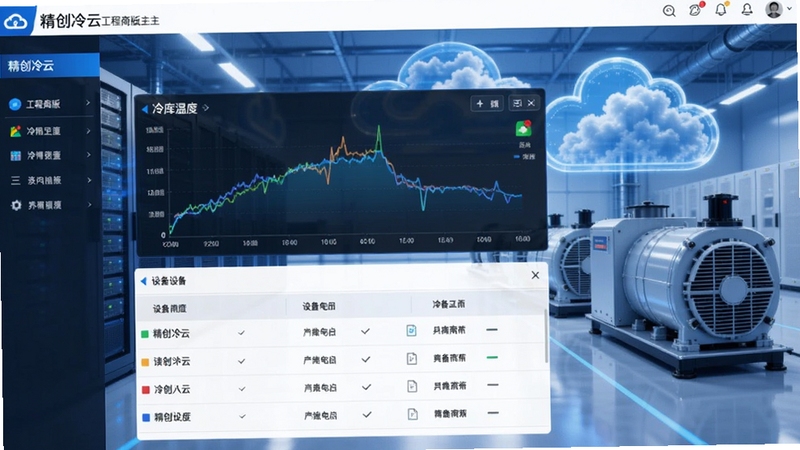 精创冷云工程商版主界面展示截图,画面中央显示冷库温度曲线与设备列表,背景为云端数据中心与制冷机组融合的科技感场景,整体色调以蓝色与白色为主,体现专业与高效,风格写实清晰