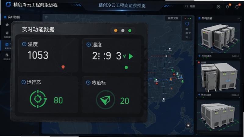 精创冷云工程商版远程监控功能预览,画面显示一台冷库机组的实时数据面板,包括温度、湿度、运行状态图标,背景为多个冷库分布的地图缩略图,界面采用深色主题,数据清晰醒目,质感现代