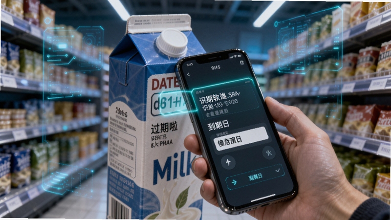 过期啦软件智能扫描录入功能演示图,画面中心是一只手握着手机扫描一盒牛奶的包装日期,屏幕上显示出识别出的文字并自动填充到期日,背景为超市货架,带有科技感的光效,强调快速与精准,数字艺术风格。