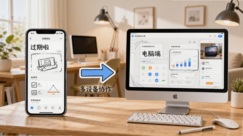 过期啦软件移动端与电脑端操作对比图,画面左侧是手机界面,右侧是平板或电脑界面,中间用箭头连接,展示数据同步与多设备协作概念,背景为居家办公场景,采用手绘线稿与实物结合风格,清晰直观。