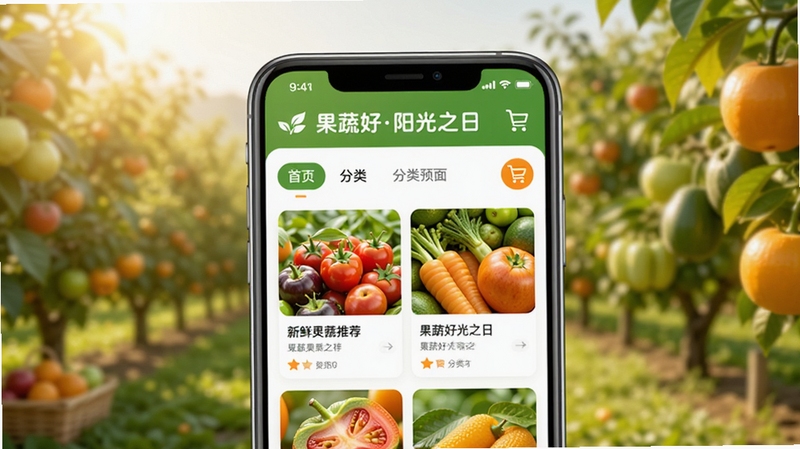 果蔬好阳光之日主界面预览图,展示首页新鲜果蔬推荐、分类导航栏和购物车图标,整体色调明亮清新,以绿色和橙色为主,背景为虚化的阳光果园,前景为手机屏幕特写,界面布局简洁现代,果蔬图片诱人,光线柔和,突出软件名称“果蔬好阳光之日”在屏幕顶部。